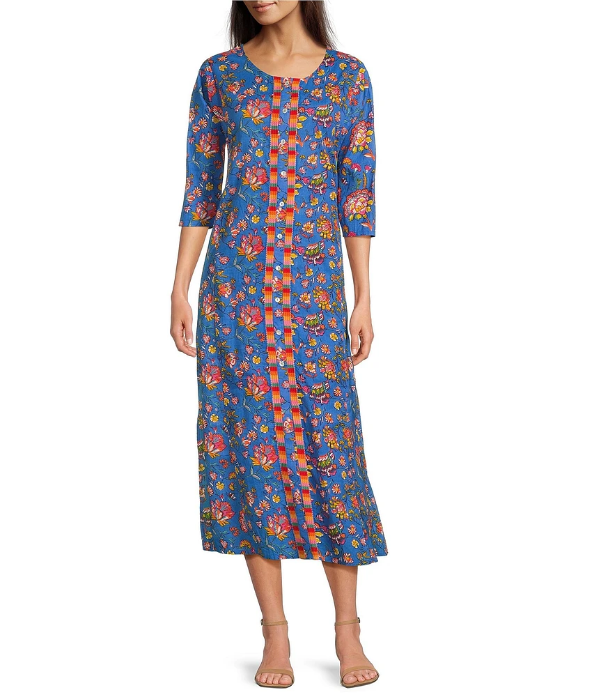 Ro's Garden Blair Woven Floral Print Scoop Neck Bracelet Sleeve Button Front Dress