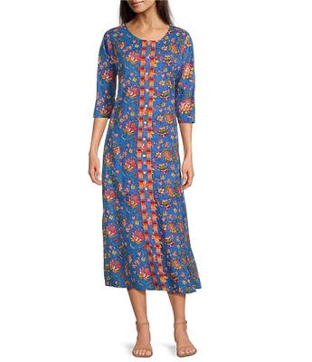 Ro's Garden Blair Woven Floral Print Scoop Neck Bracelet Sleeve Button Front Dress