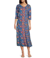 Ro's Garden Blair Woven Floral Print Scoop Neck Bracelet Sleeve Button Front Dress