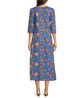 Ro's Garden Blair Woven Floral Print Scoop Neck Bracelet Sleeve Button Front Dress