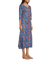 Ro's Garden Blair Woven Floral Print Scoop Neck Bracelet Sleeve Button Front Dress
