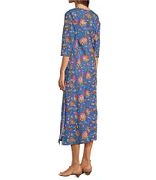 Ro's Garden Blair Woven Floral Print Scoop Neck Bracelet Sleeve Button Front Dress