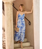 Ro's Garden Brittany Printed V-Neck Sleeveless Midi Dress