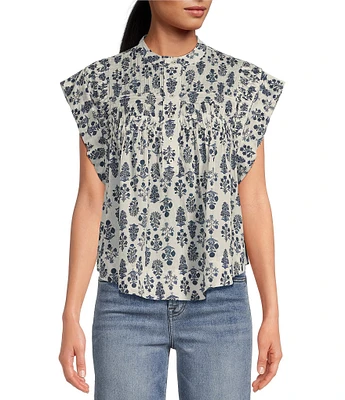 Ro's Garden Cap Sleeve Floral Partial Mandarin Collar Button Front Top