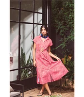 Ro's Garden Catherine Point Collar Short Sleeve Button Front Midi Dress