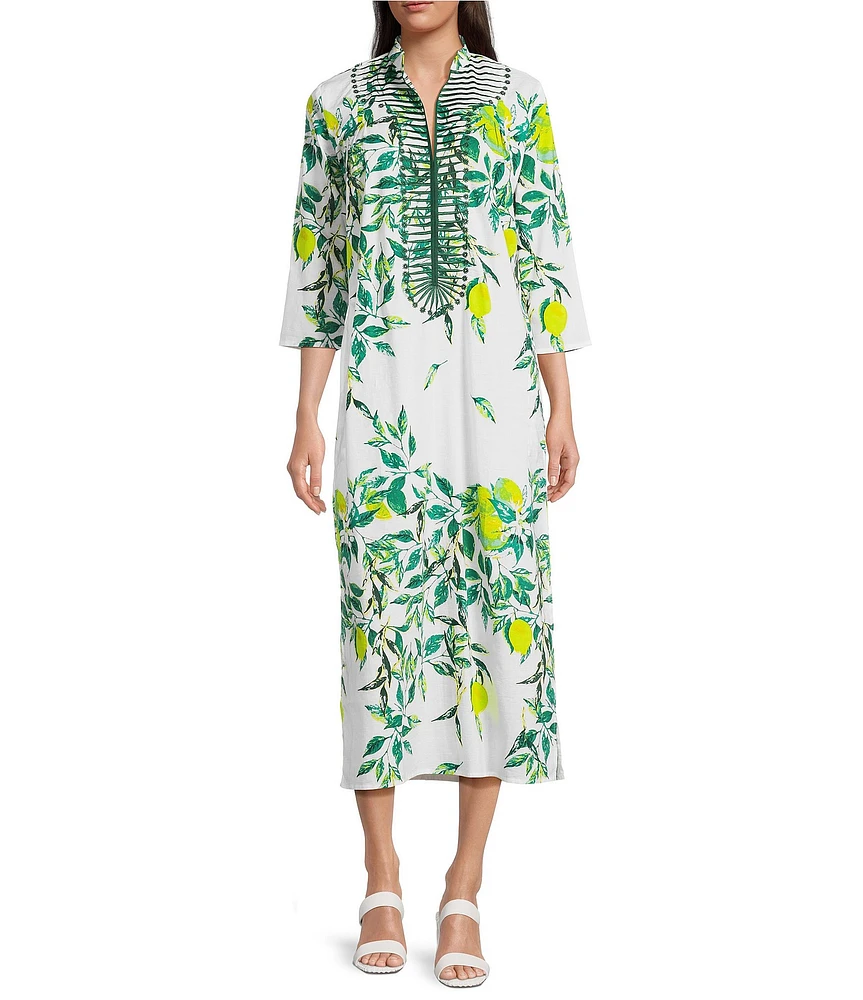 Ro's Garden Clorinda Printed Mandarin Collar 3/4 Sleeve Long Kurta Dress