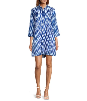 Ro's Garden Deauville Capri Print Collar Neck 3/4 Sleeve Button Front Dress