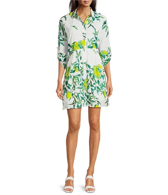 Ro's Garden Deauville Printed Point Collar 3/4 Sleeve Button Front Dress