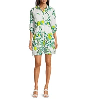 Ro's Garden Deauville Printed Point Collar 3/4 Sleeve Button Front Dress