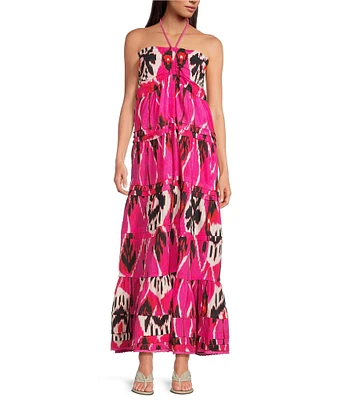 Ro's Garden Denise Tie Halter Gathered Sleeveless Maxi Dress