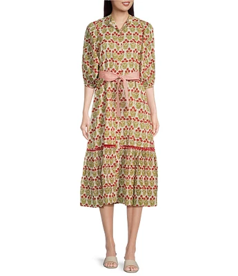 Ro's Garden Flirty Printed 3/4 Puff Sleeve Button Down Midi Dress