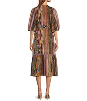 Ro's Garden Flirty Woven Argentina Print Flat Band Collar Elbow Sleeve Button Front Tie Waist Midi A-Line Flounce Dress