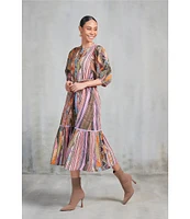 Ro's Garden Flirty Woven Argentina Print Flat Band Collar Elbow Sleeve Button Front Tie Waist Midi A-Line Flounce Dress