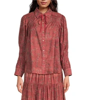Ro's Garden Gin Woven Baltistan Point Collar Bow Tie Neck Ruched Long Puff Sleeve Button Front Blouse