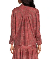 Ro's Garden Gin Woven Baltistan Point Collar Bow Tie Neck Ruched Long Puff Sleeve Button Front Blouse