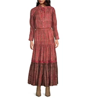Ro's Garden Gin Woven Baltistan Point Collar Bow Tie Neck Ruched Long Puff Sleeve Button Front Blouse