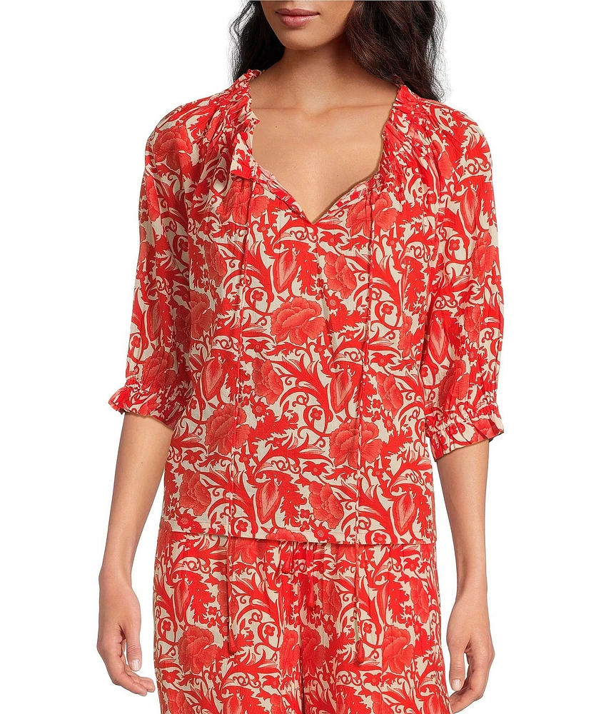 Ro's Garden Havana Woven Floral Print Round Ruffle Tie Neck 3/4 Puff Sleeve Blouse