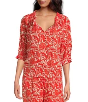 Ro's Garden Havana Woven Floral Print Round Ruffle Tie Neck 3/4 Puff Sleeve Blouse