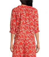 Ro's Garden Havana Woven Floral Print Round Ruffle Tie Neck 3/4 Puff Sleeve Blouse