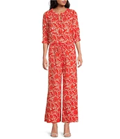 Ro's Garden Havana Woven Floral Print Round Ruffle Tie Neck 3/4 Puff Sleeve Blouse