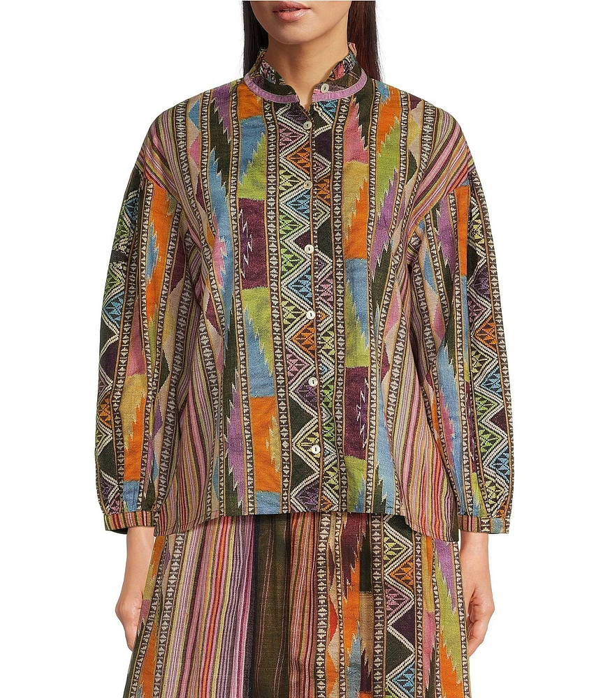 Ro's Garden Jeremy Woven Print Mock Neck Long Balloon Sleeve Button Front Coordinating Blouse