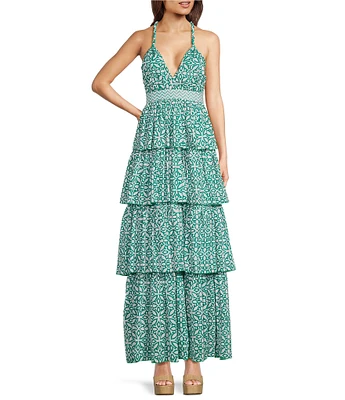 Ro's Garden Nevada V-Neckline Tiered Ruffled A-Line Maxi Dress