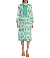 Ro's Garden Newport Floral Print Split V-Neck 3/4 Sleeve Kurta Midi Dress