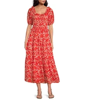Ro's Garden Percy Woven Floral Print Scoop Neck Short Puff Sleeve Midi Dress