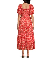 Ro's Garden Percy Woven Floral Print Scoop Neck Short Puff Sleeve Midi Dress