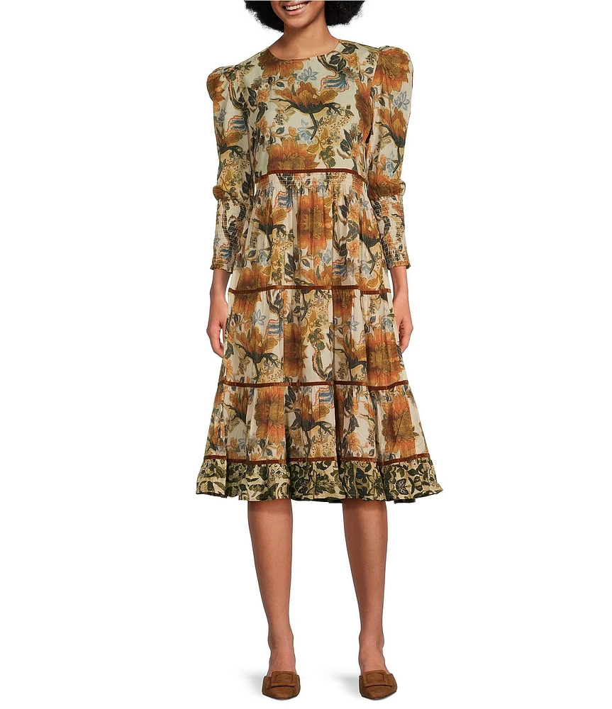 Ro's Garden Robin Floral Print Round Neck 3/4#double; Puff Sleeve Smocked Waist Tiered A-Line Midi Dress