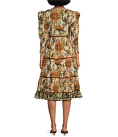 Ro's Garden Robin Floral Print Round Neck 3/4#double; Puff Sleeve Smocked Waist Tiered A-Line Midi Dress