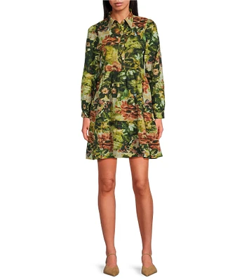 Ro's Garden Romy Floral Print Point Collar Button Front Long Sleeve Tiered Above the Knee A-Line Dress