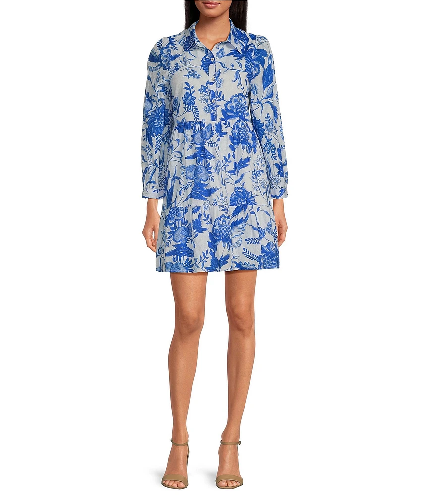 Ro's Garden Romy Printed Point Collar V-Neck 3/4 Sleeve Mini Dress