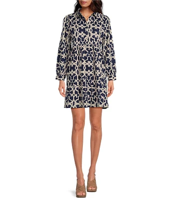 Ro's Garden Romy Printed Woven Collar Neck 3/4 Sleeve Mini Dress