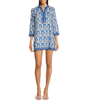 Ro's Garden Tokyo Split V-Neck 3/4 Sleeve Kurta Printed Mini Dress