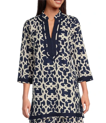 Ro's Garden Toyko Printed Woven Split V-Neck 3/4 Sleeve Tunic Top