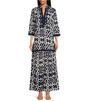 Ro's Garden Toyko Printed Woven Split V-Neck 3/4 Sleeve Tunic Top