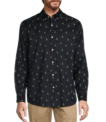 Roundtree & Yorke Big & Tall TravelSmart Easy Care Long Sleeve Christmas Holiday Tree Print Sport Shirt