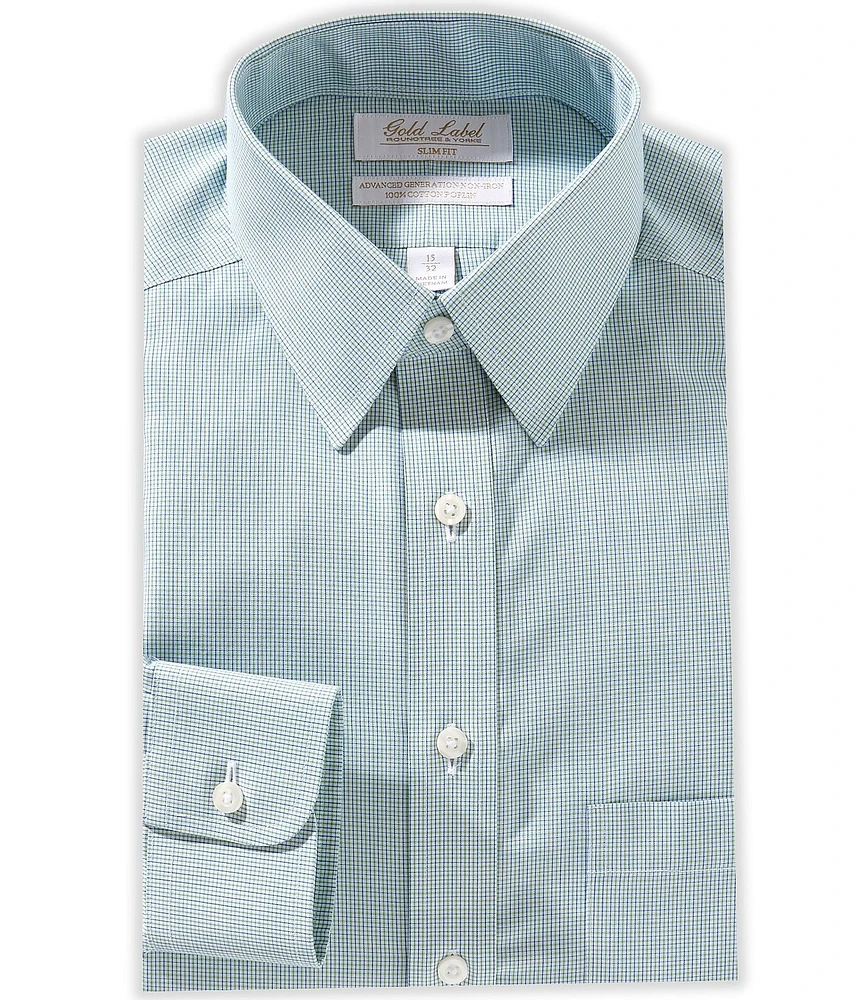 Roundtree & Yorke Gold Label Big & Tall Slim Fit Spread Collar Grid Poplin Dress Shirt