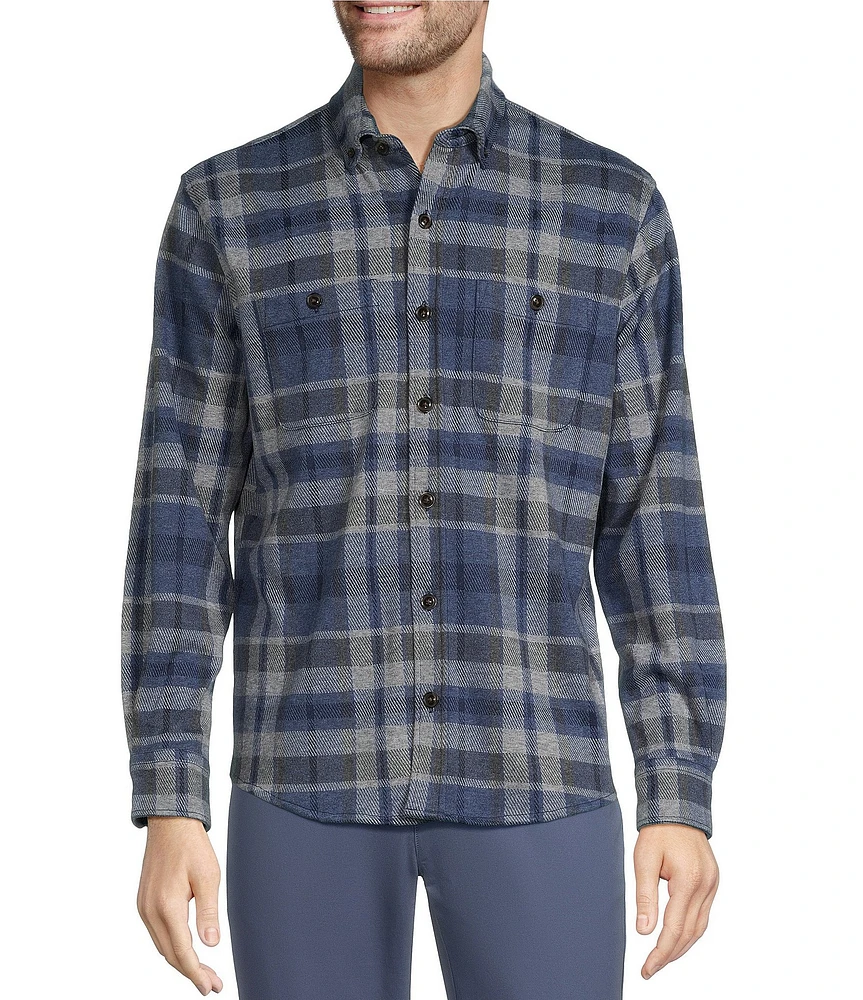 Roundtree & Yorke Long Sleeve Button Down Collar Large Plaid Knit Button-Front Shirt