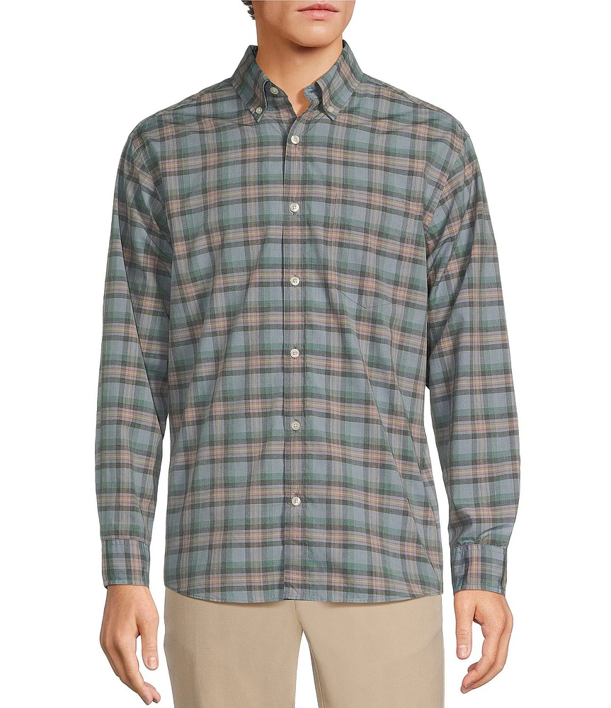 Roundtree & Yorke Long Sleeve Medium Light Plaid Pattern Slub Sport Shirt