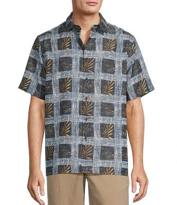 Roundtree & Yorke Short Sleeve Grid Palm Print Sport Shirt