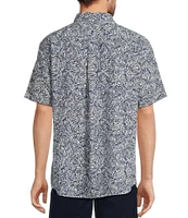 Roundtree & Yorke Short Sleeve Leaf Print Seersucker Sport Shirt