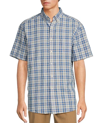 Roundtree & Yorke Short Sleeve Medium Plaid Linen Sport Shirt