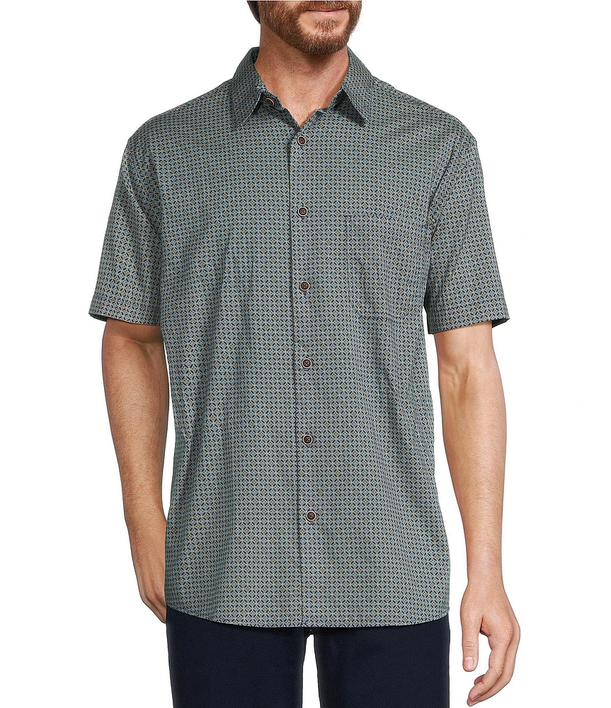 Roundtree & Yorke Short Sleeve Slub Geo Print Sport Shirt