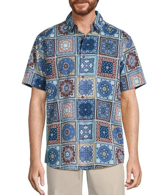 Roundtree & Yorke Short Sleeve Slub Tile Print Sport Shirt