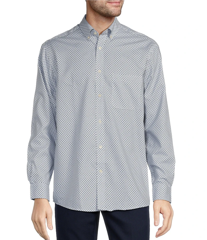 Roundtree & Yorke TravelSmart Easy Care Long Sleeve Herringbone Geometric Print Sport Shirt