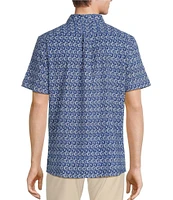 Rowm Blue Sirena Short Sleeve Seersucker Wave Print Coatfront Shirt