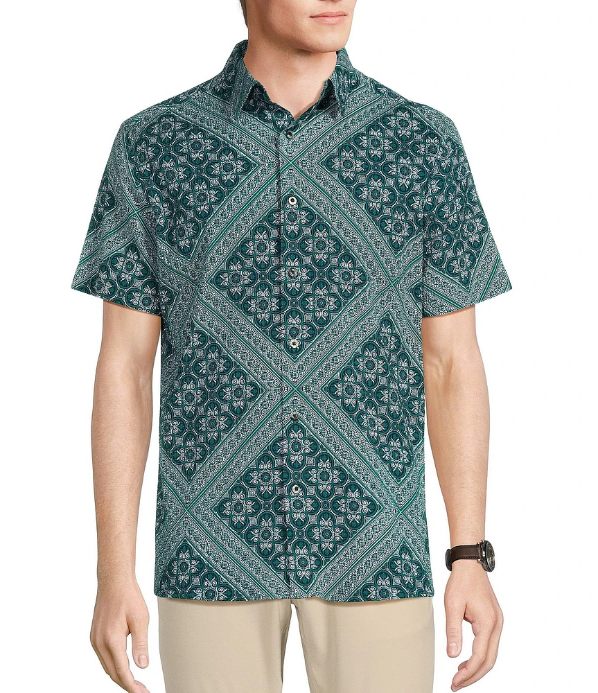 Rowm Blue Sirena Short Sleeve Seersucker Wave Tile Print Shirt