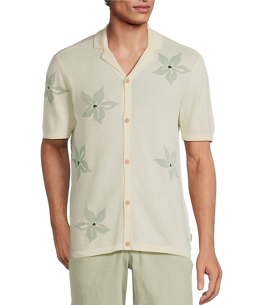 Rowm Outsider's Oasis Short Sleeve Jacquard Flower Button Front Sweater Knit Shirt